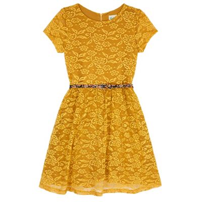 Yumi Girl Yellow Belted Lace Skater Dress